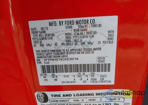 2012 Ford F-150 Lariat z USA, uszkodzony, nr VIN 1FTFW1ET6CKE30710